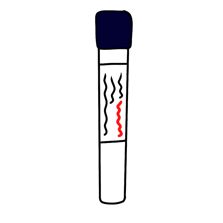 A navy blue topped blood collection tube. The tube is cylindrical with a navy blue plastic cap and a transparent body. The body of the collection tube has a white label on it with a red line on it